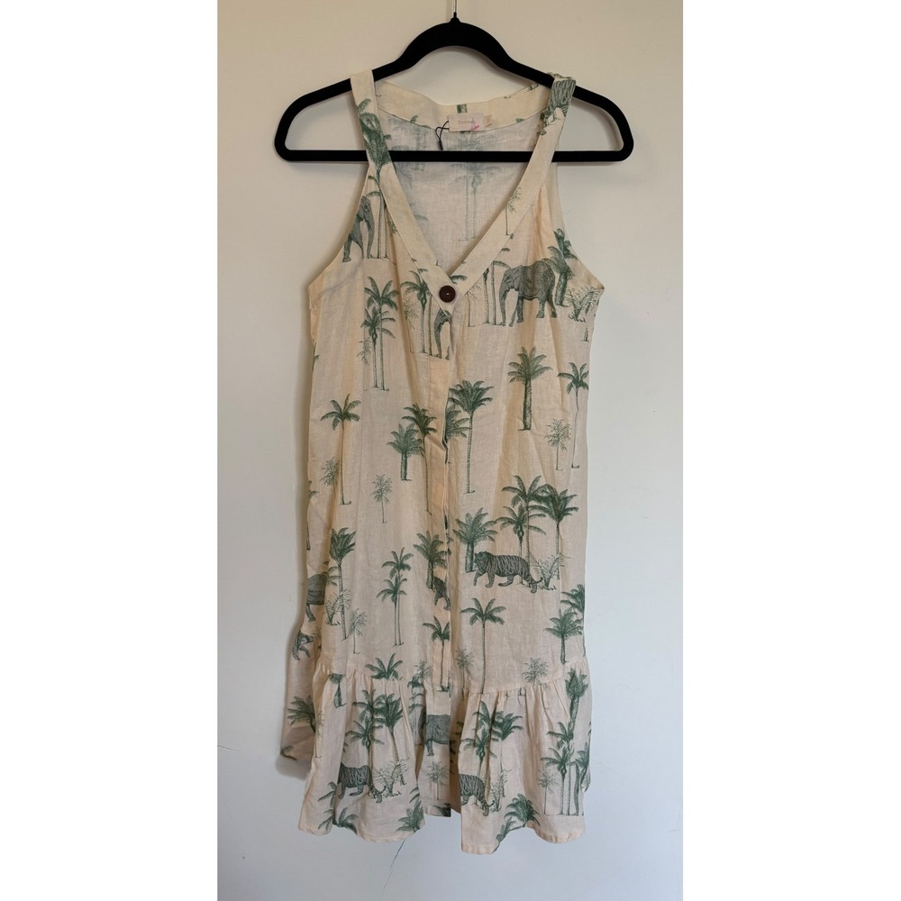Touche Linen Blend Tropical Safari Elephant Tiger Mini Dress Cream Green Size M